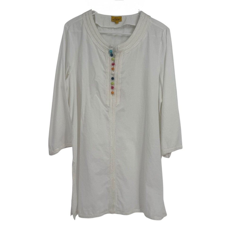 Roberta Roller Rabbit White Kurta Tunic Top Size Large Braided Trim French Knots